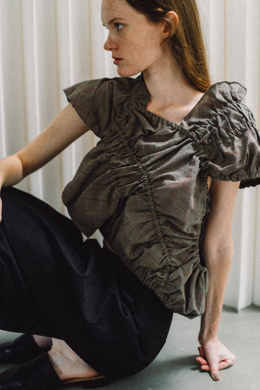 #014-6  gather blouse  glen check